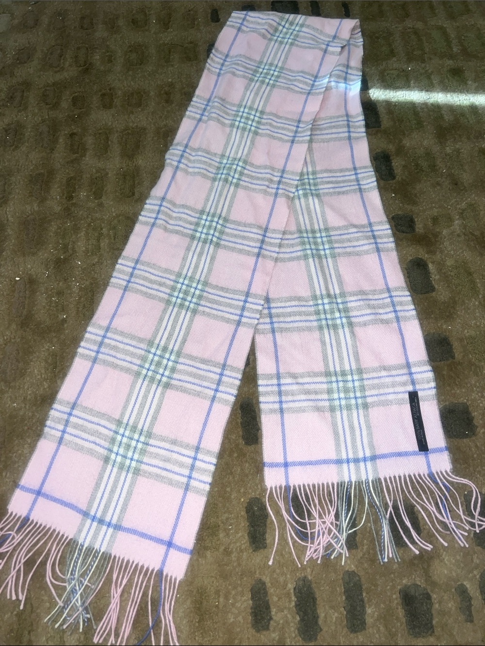 Baby Alpaca scarf in Classic Pink and blue plaid with fringe